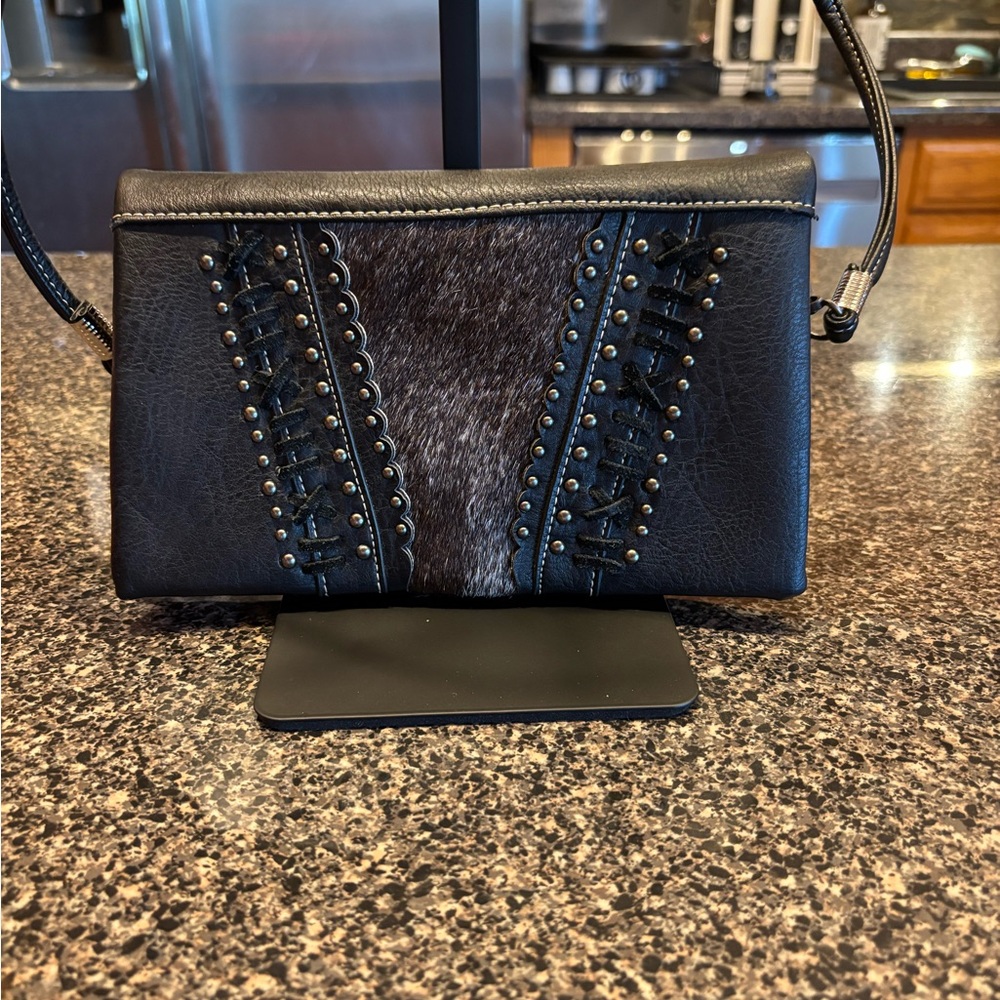 Black Studded Faux Fur Leather Clutch or Shoulder Bag NWOT